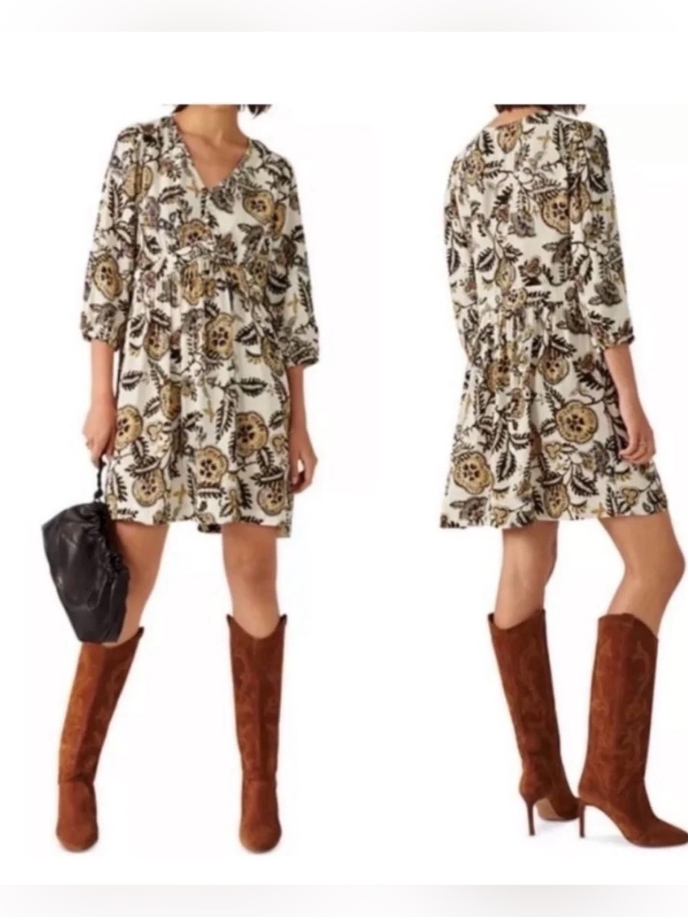 ba&sh Paisley Floral Mini Dress S Ivory Boho Long Sleeve French Chic